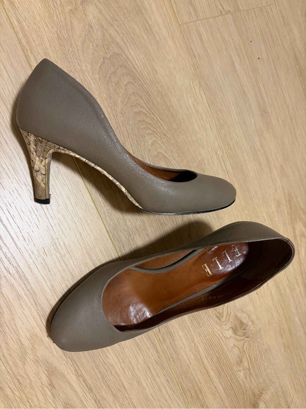 ELLE Taupe Leather Pumps with Snakeskin-Print Heel Accent